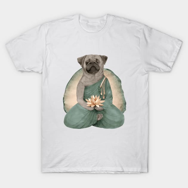 meditating pug with lotus flower 3 T-Shirt by KindSpirits